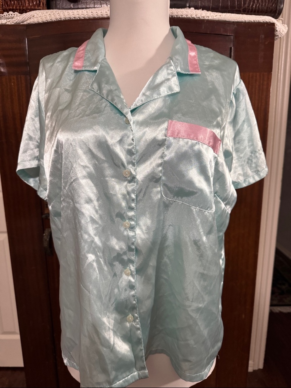 Silky Mint Green Pajama Top with Pink Trim